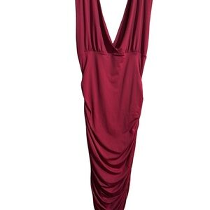 Ruched Burgundy Draped Corset Bodycon Midi Dress super stretch